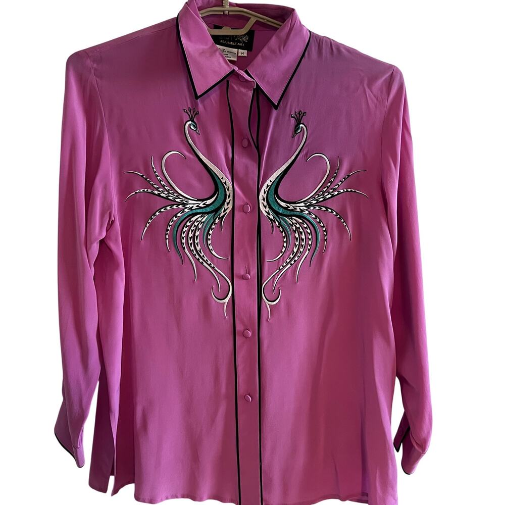 Vintage Bob Mackie Wearable Art 100% Silk Top Pink Peacock Embroidered | M | 90s